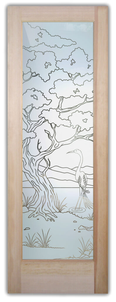 Bonsai tree and egret glass door with 1D pinstripe etched design, semi-private frosted glass