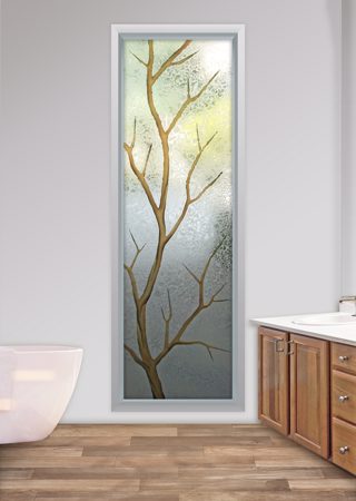 Window with a sandblast Frosted Glass Tree Design Custom-Designed Decorative Etched Glass