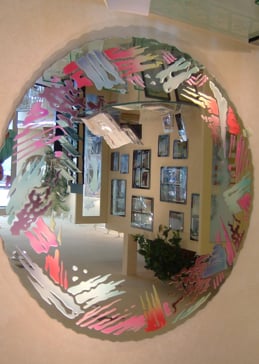 Private Decorative Mirror with Sandblast Etched Glass Art by Sans Soucie Featuring Brilliant Brushes Abstract Design