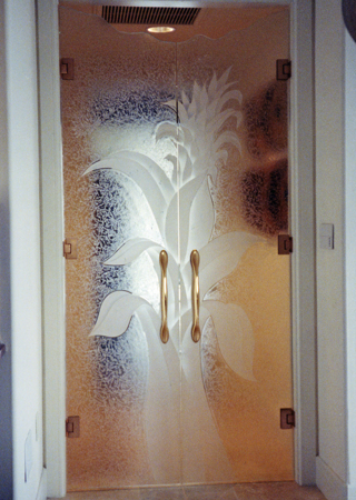 Interior Glass Door featuring a Frosted Glass Foliage Design Sandblast Etched Glass Bromeliad Design by Sans Soucie
