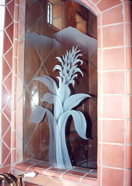 Handmade Sandblasted Frosted Glass Window for Semi-Private Featuring a Foliage Design Bromeliad by Sans Soucie