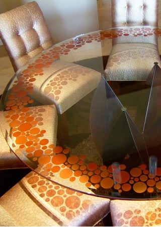 Glass Dining Table with Frosted Glass Geometric Bubbly Design by Sans Soucie