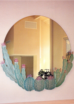 Art Glass Decorative Mirror Featuring Sandblast Frosted Glass by Sans Soucie for Private with Desert Cactus Overlays Design