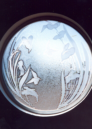 Window featuring Frosted Glass Design Etched Glass by Sans Soucie Art Glass with Custom Floral Design Cala Lily Hummingbird