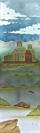 Door Glass Insert with a Frosted Glass California Xavier Mission Landscapes Design for Private by Sans Soucie Art Glass
