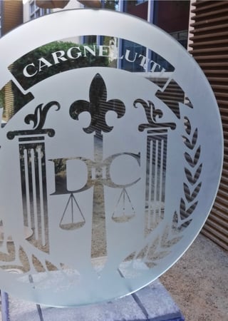 Glass Sign featuring a Frosted Glass Logos Design Sandblast Etched Glass Cargnelutti (similar look) Design by Sans Soucie