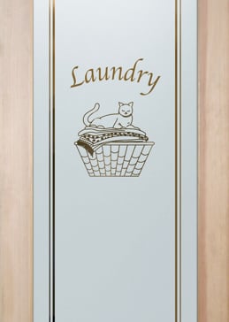 Art Glass Laundry Door Featuring Sandblast Frosted Glass by Sans Soucie for Semi-Private with Country Farmhouse Cat Nap Design
