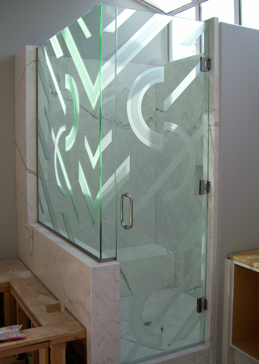 Custom-Designed Decorative Shower Enclosure with Sandblast Etched Glass by Sans Soucie Art Glass Handcrafted by Glass Artists