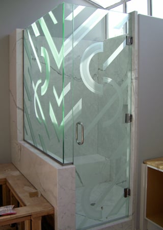 Shower Enclosure with a sandblast Frosted Glass Geometric Design Custom-Designed Decorative Etched Glass
