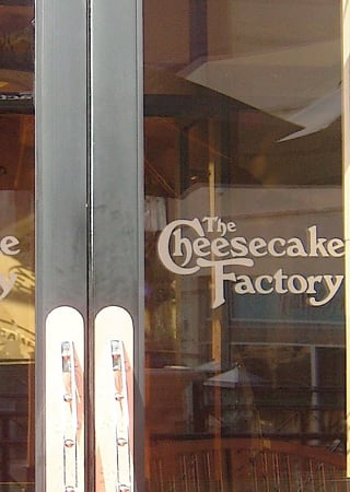 Glass Sign featuring Frosted Glass Design Etched Glass by Sans Soucie Art Glass with Custom Logos Design Cheesecake Factory  (similar look)