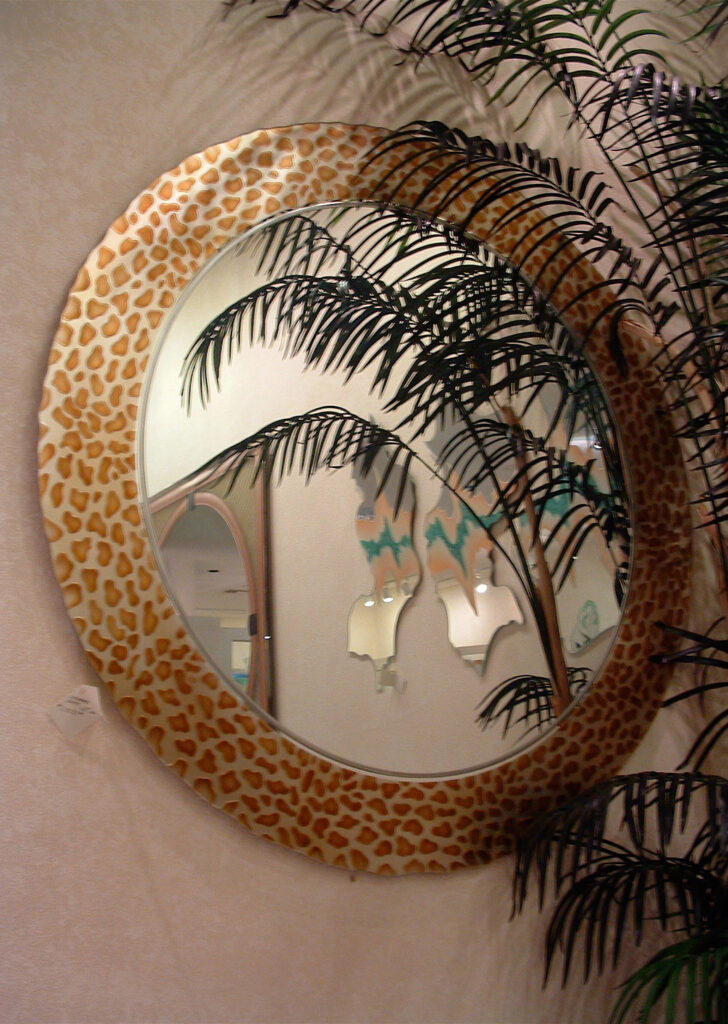 Round art glass mirror with hand-painted cheetah pattern glass border