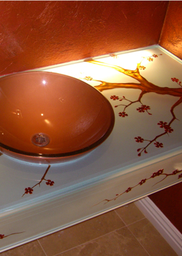 Glass Counter with Frosted Glass Asian Cherry Blossom Design by Sans Soucie