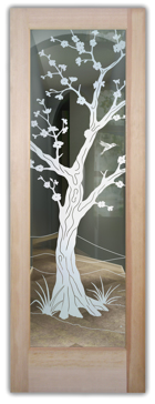 Handcrafted Etched Glass Interior Door by Sans Soucie Art Glass with Custom Asian Design Called Cherry Blossom III Creating Not Private
