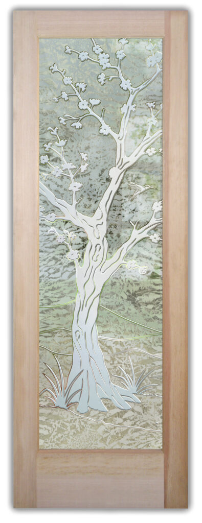 Cherry blossom tree carved glass door with 3D carved design and textured background