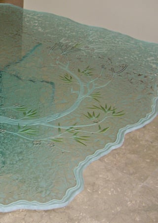 Glass Dining Table featuring Frosted Glass Design Etched Glass by Sans Soucie Art Glass with Custom Asian Design Cherry Blossom II