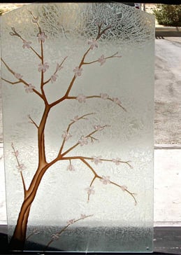 Handcrafted Etched Glass Window by Sans Soucie Art Glass with Custom Asian Design Called Cherry Blossom II Creating Semi-Private