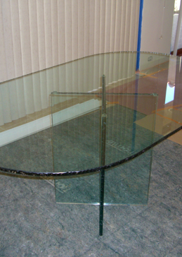 Dining Table with a Frosted Glass Chipped Polished Edge Abstract Design for Not Private by Sans Soucie Art Glass