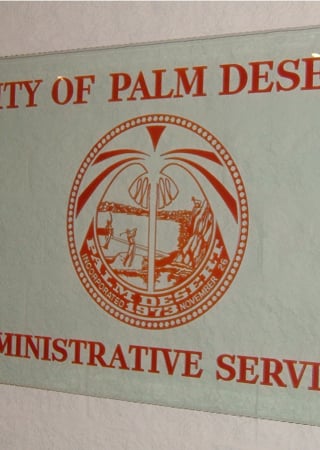 Glass Sign featuring a Frosted Glass Logos Design Sandblast Etched Glass City of Palm Desert (similar look) Design by Sans Soucie