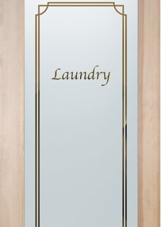 Laundry Room Door featuring Frosted Glass Design Etched Glass by Sans Soucie Art Glass with Custom Traditional Design Concave Corner Laundry