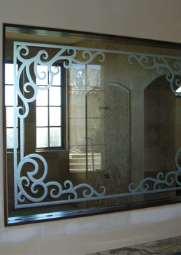Handmade Sandblasted Frosted Glass Window for Semi-Private Featuring a Wrought Iron Design Concorde Square by Sans Soucie