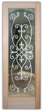 Art Glass Interior Door Featuring Sandblast Frosted Glass by Sans Soucie for Not Private with Wrought Iron Corazones Design
