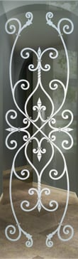 Art Glass Interior Insert Featuring Sandblast Frosted Glass by Sans Soucie for Not Private with Wrought Iron Corazones Design