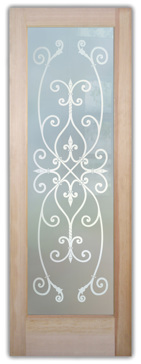 Art Glass Front Door Featuring Sandblast Frosted Glass by Sans Soucie for Private with Wrought Iron Corazones Design