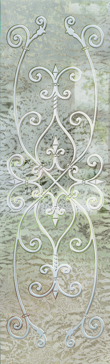 Art Glass Interior Insert Featuring Sandblast Frosted Glass by Sans Soucie for Semi-Private with Wrought Iron Corazones Design