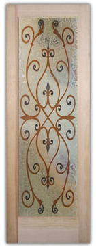 Art Glass Interior Door Featuring Sandblast Frosted Glass by Sans Soucie for Semi-Private with Wrought Iron Corazones Design