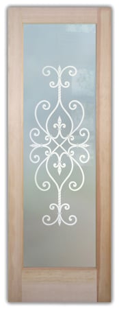 Interior Door with a sandblast Frosted Glass Wrought Iron Design Custom-Designed Decorative Etched Glass