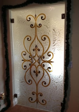 Custom-Designed Decorative Frameless Glass Door Interior with Sandblast Etched Glass by Sans Soucie Art Glass Handcrafted by Glass Artists