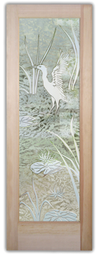 Semi-Private Interior Door with Sandblast Etched Glass Art by Sans Soucie Featuring Cranes A Wildlife Design