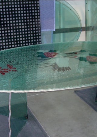 Glass Dining Table featuring Frosted Glass Design Etched Glass by Sans Soucie Art Glass with Custom Asian Design Cranes and Peonies