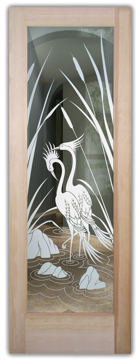 Not Private Interior Door with Sandblast Etched Glass Art by Sans Soucie Featuring Cranes & Cattails Wildlife Design