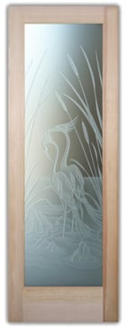 Private Interior Door with Sandblast Etched Glass Art by Sans Soucie Featuring Cranes & Cattails Wildlife Design