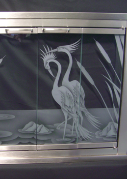 Semi-Private Fireplace Screen with Sandblast Etched Glass Art by Sans Soucie Featuring Cranes & Cattails Wildlife Design