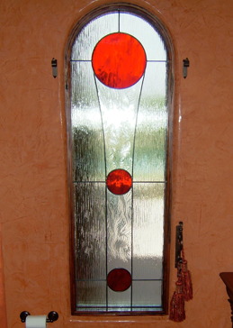Window with Frosted Glass Wrought Iron Crimson Annulus Design by Sans Soucie