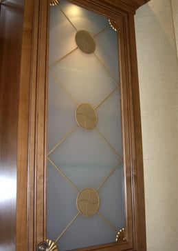 Art Glass Cabinet Glass Featuring Sandblast Frosted Glass by Sans Soucie for Private with Geometric Cross Hatch Design