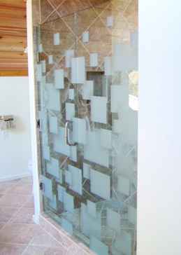 Semi-Private Shower Enclosure with Sandblast Etched Glass Art by Sans Soucie Featuring Cubes Geometric Design