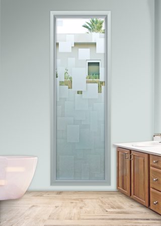 Window showcasing a Frosted Glass Geometric Design with Sandblast Etched Glass Art by Sans Soucie Cubes Design