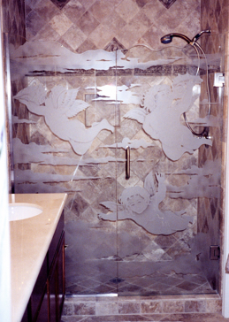 Handcrafted Etched Glass Shower Enclosure by Sans Soucie Art Glass with Custom Whimsical Design Called Cupids Creating Semi-Private