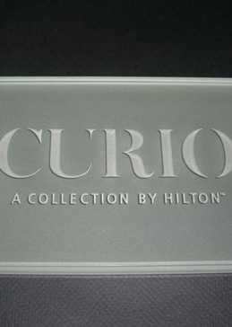 Glass Sign with Frosted Glass Logos Curio Logo (similar look) Design by Sans Soucie
