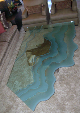 Handmade Sandblasted Frosted Glass Coffee Table for Semi-Private Featuring a Oceanic Design Current by Sans Soucie
