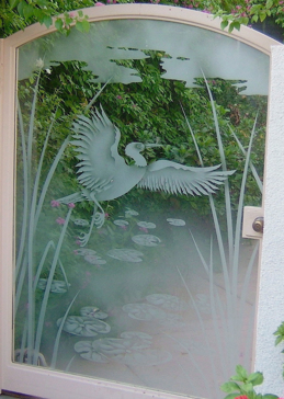 Semi-Private Gate Glass Insert with Sandblast Etched Glass Art by Sans Soucie Featuring Dancing Egret Wildlife Design