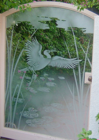 Gate Glass Insert showcasing a Frosted Glass Wildlife Design with Sandblast Etched Glass Art by Sans Soucie Dancing Egret Design