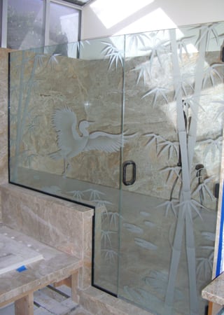 Shower Enclosure showcasing a Frosted Glass Wildlife Design with Sandblast Etched Glass Art by Sans Soucie Dancing Egret Design