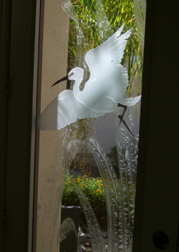 Not Private Window with Sandblast Etched Glass Art by Sans Soucie Featuring Dancing Egret Wildlife Design