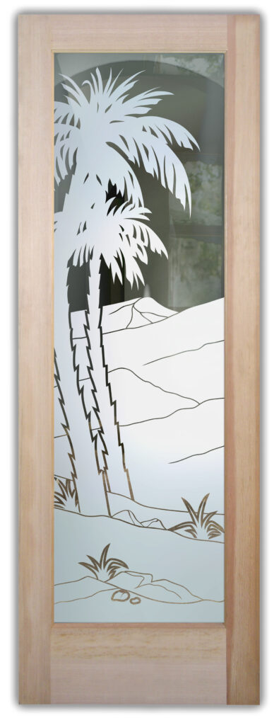 Date Palm II glass door with 1D clear background, semi-private palm tree etched design