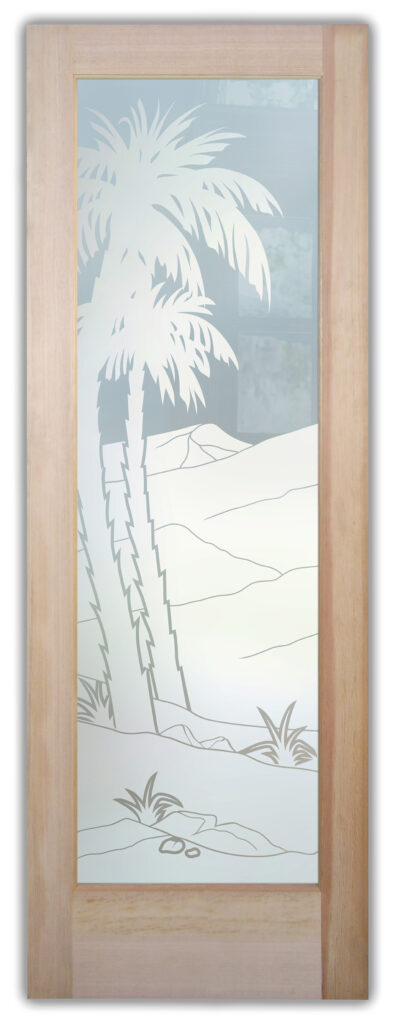 Date Palm II frosted glass door with 1D design, high privacy etched palm tree scene
