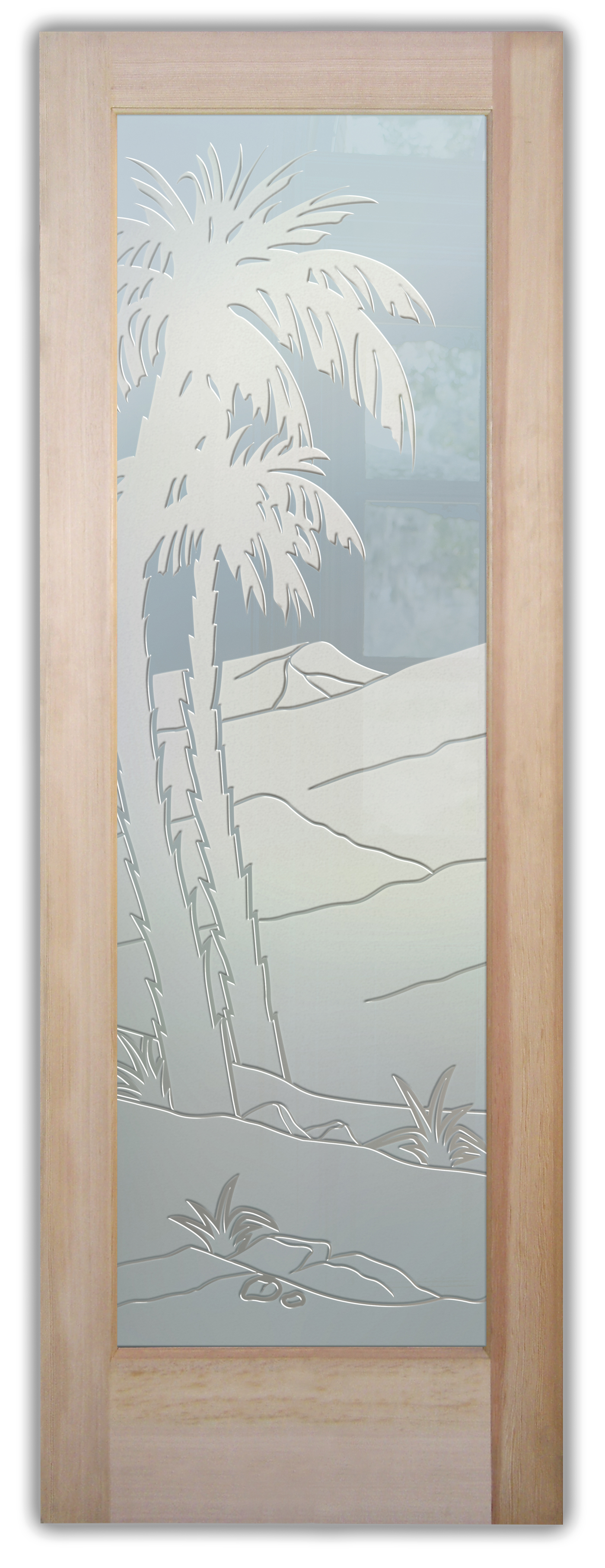 Date Palm II frosted glass door with 3D carved design, high privacy etched palm tree scene